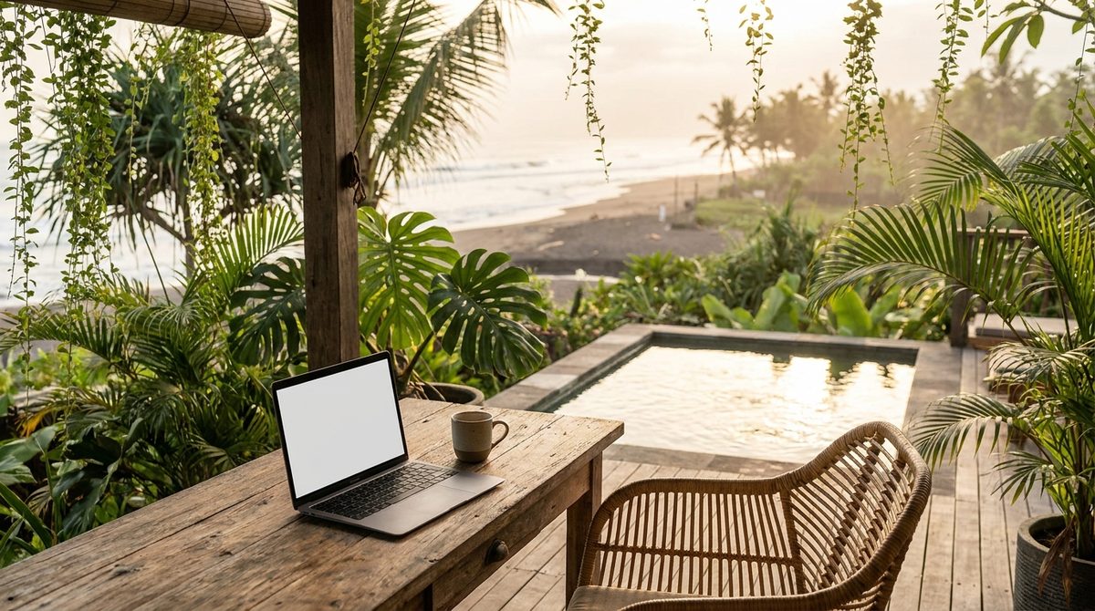Open-air tropical work terrace at a Bali villa with a timber desk, laptop and rattan chair beside a pool framed by palms at golden hour