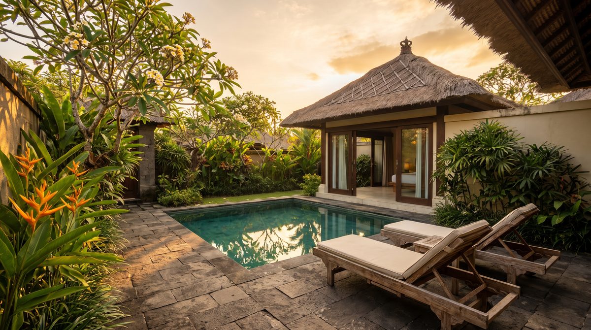 Private plunge pool villa in Bali at golden hour, with still turquoise water in a walled tropical garden courtyard beside a dark timber pavilion under an alang-alang thatched roof