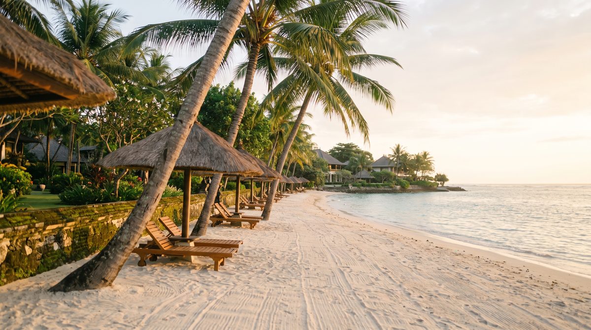 Calm reef-protected Bali resort beach at golden hour, with timber sun loungers under thatched alang-alang umbrellas, leaning coconut palms and pale raked sand meeting flat turquoise water