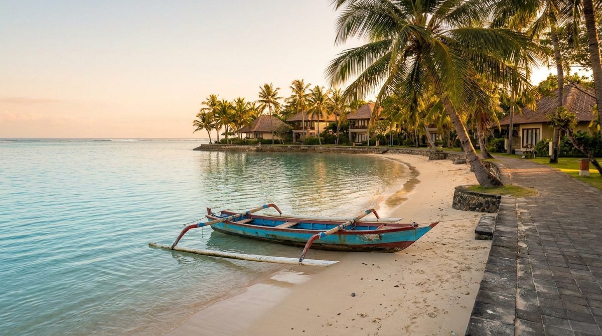 Calm turquoise lagoon on Bali's east coast at golden hour with a traditional outrigger boat on pale sand and leaning palms