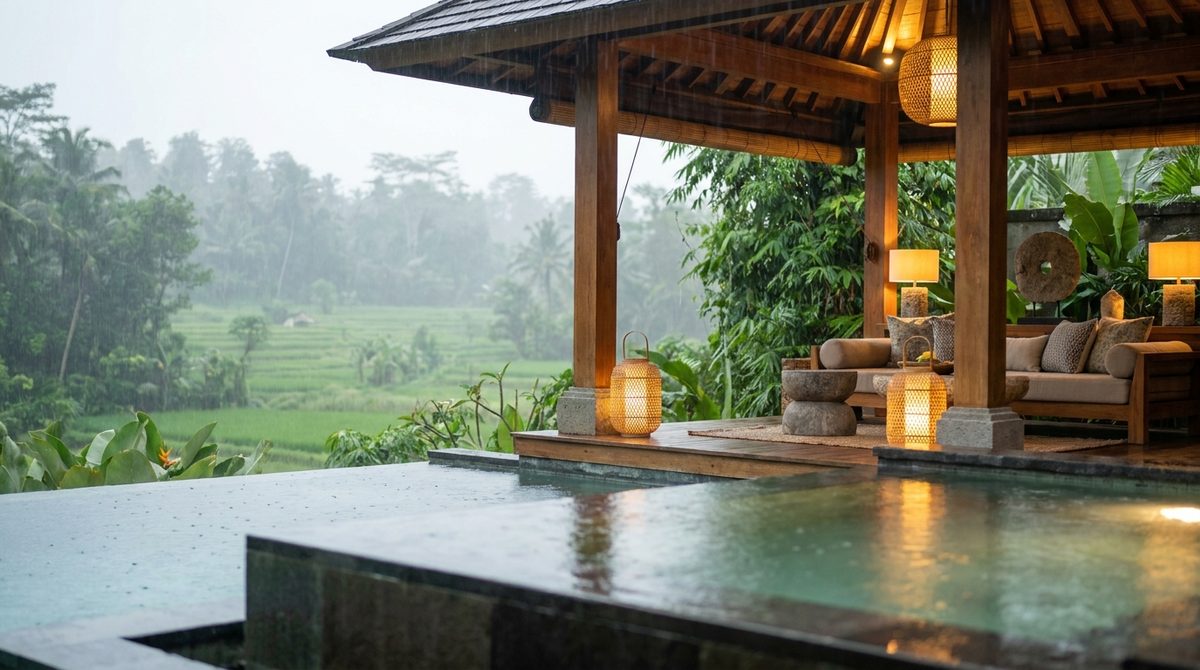 Covered Ubud jungle villa pavilion with warm lantern light and an infinity pool, overlooking misty rice terraces during Bali wet-season rain